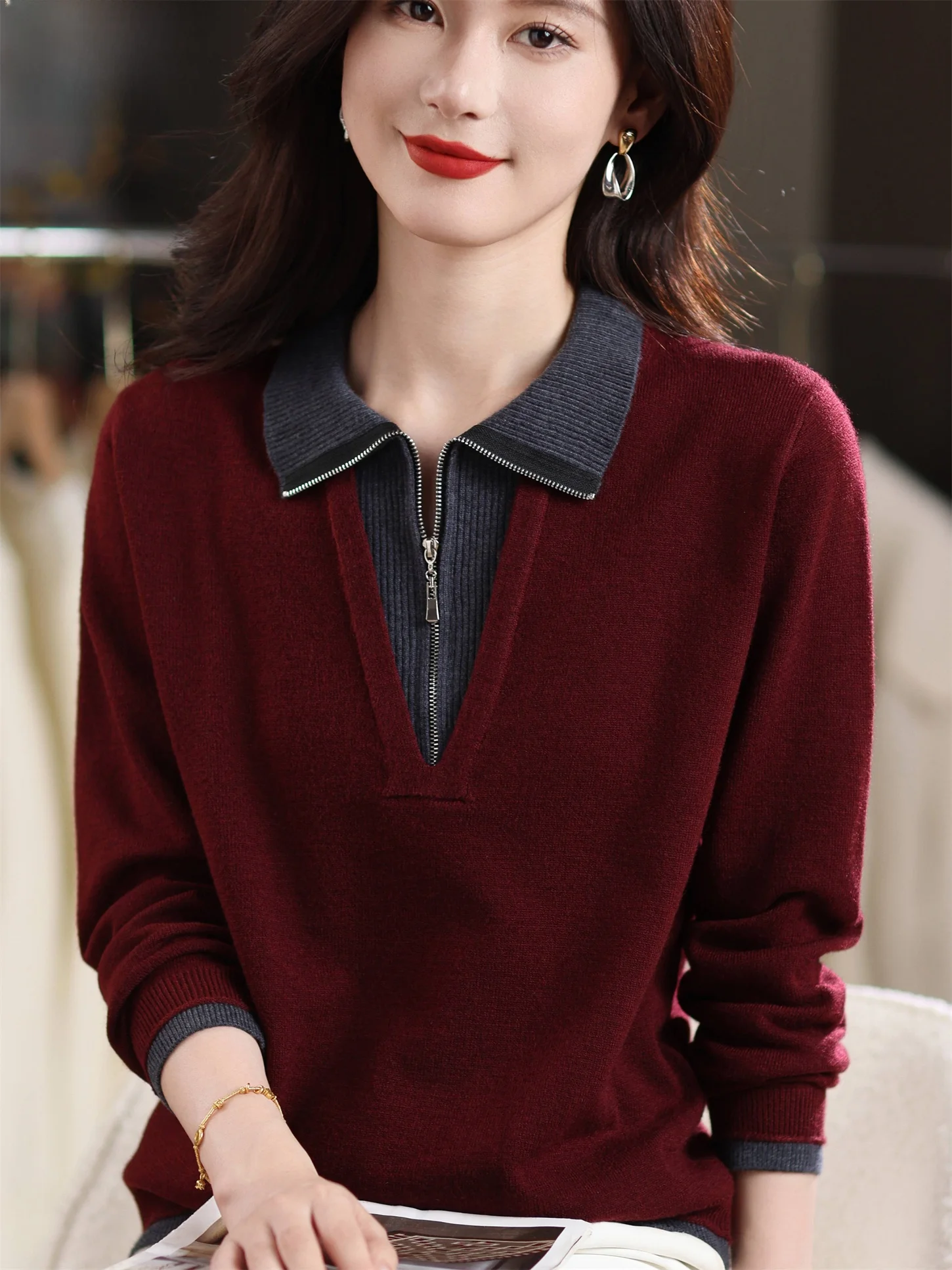 

Autumn Winter Flip Collar Knitted Sweater f Zip Warm Base Layer Top for Middle Aged And ly Women Casual Sle