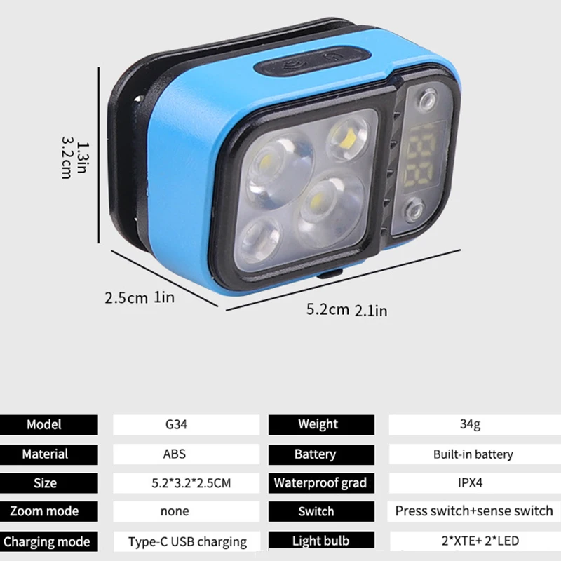 Multi-light Source Headlamp Lightweight Portable LED Head Lamps Rechargeable Headlight With Battery DisplayLife Waterproof Lamp