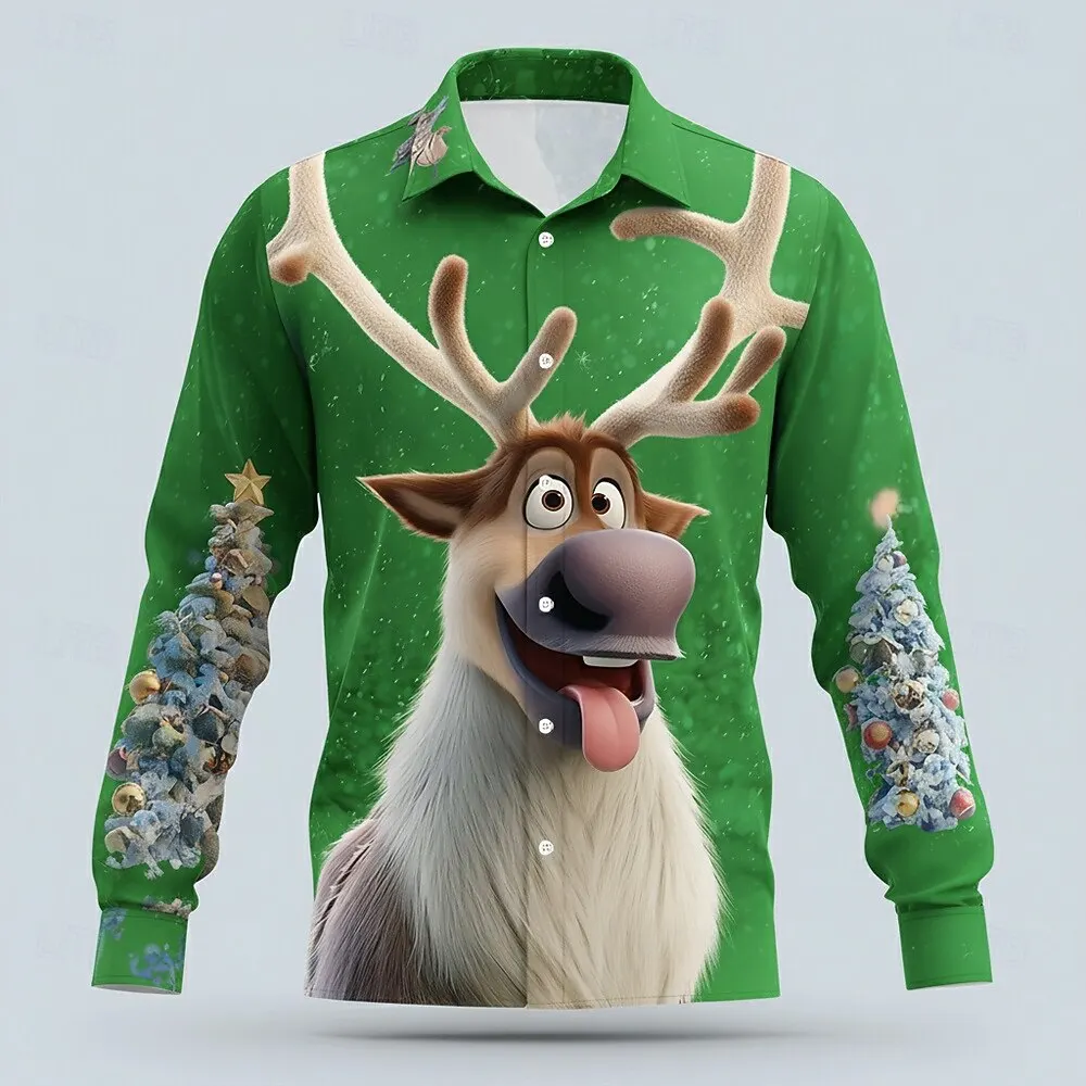 3D Printed Christmas Elk Graphic Men's Shirts Autumn Winter Long Sleeve Button Lapel Shirt Fashion Casual Festival Party Clothes