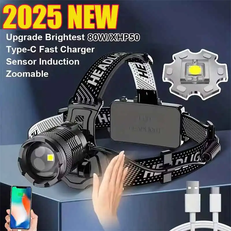 

2025 New XHP50 White Laser Powerful Fishing Headlamp Rechargeable Light Headlight Camping Hiking LED Flashlights As Power Bank