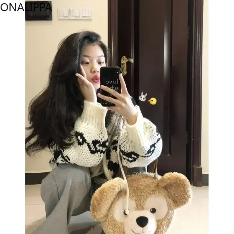 Onalippa Vintage Contrast Hooded Knitted Cardigan Women Zip Up Jacquard Rose Thick Cardigans Korean Chic Sloughy Style Sweater