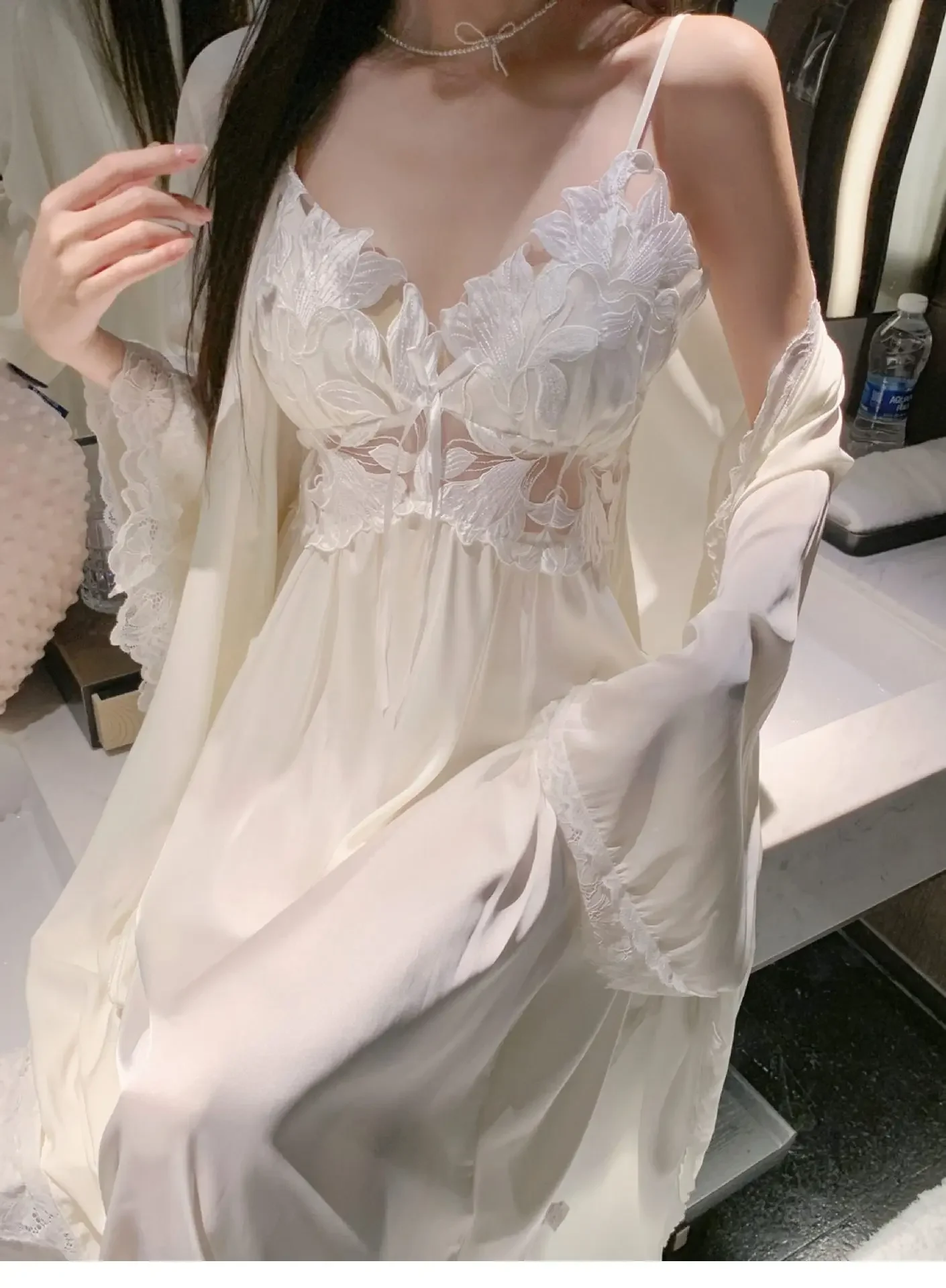 French Sexy Water Soluble Lace Women's Pajamas Ice Ribbon Bra Pads Sling Nightgown Long Knee Length Pure Seductive Home Clothing