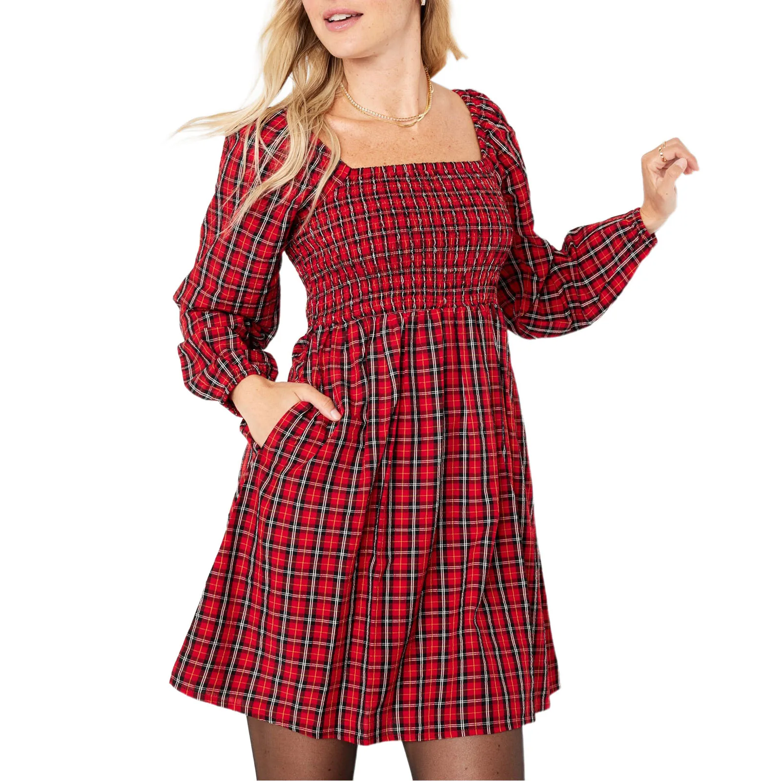 Women's Plaid Print A-line Dress Retro Long Sleeve U-Neck Mini Dress with Pockets for Christmas Party