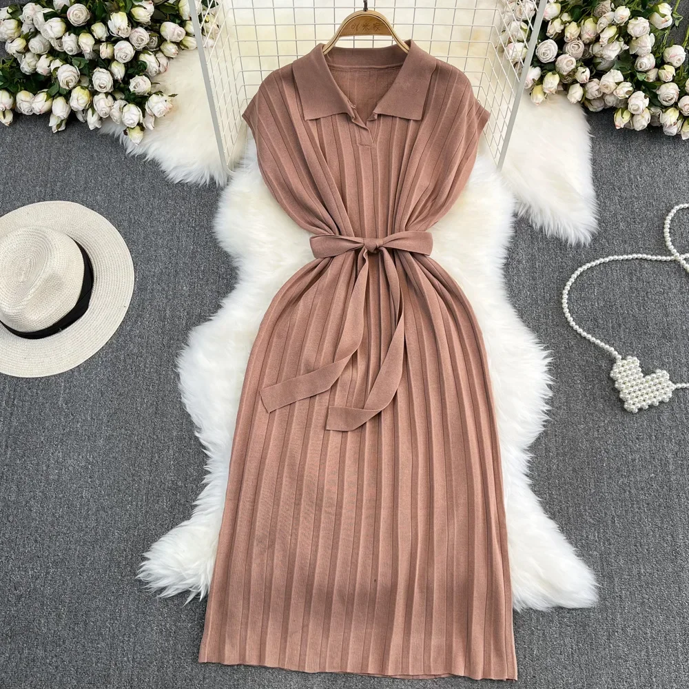 Dress Women Lace Up Dresses Knitted High Waist Polo Neck Slim Bodycon Short Sleeve Vintage Vestidos Elegant Bow White Y2k Summer