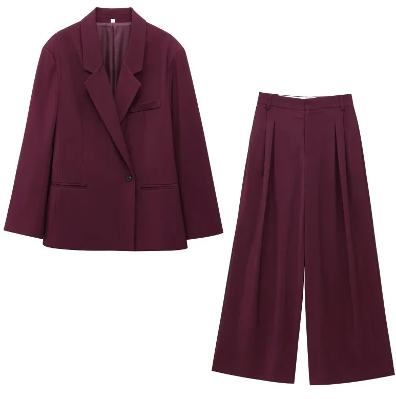 

Women Casual Suit Set Double Front Loose Jacket High Waist Double Pleated Trousers Office Elegant Two Piece Set
