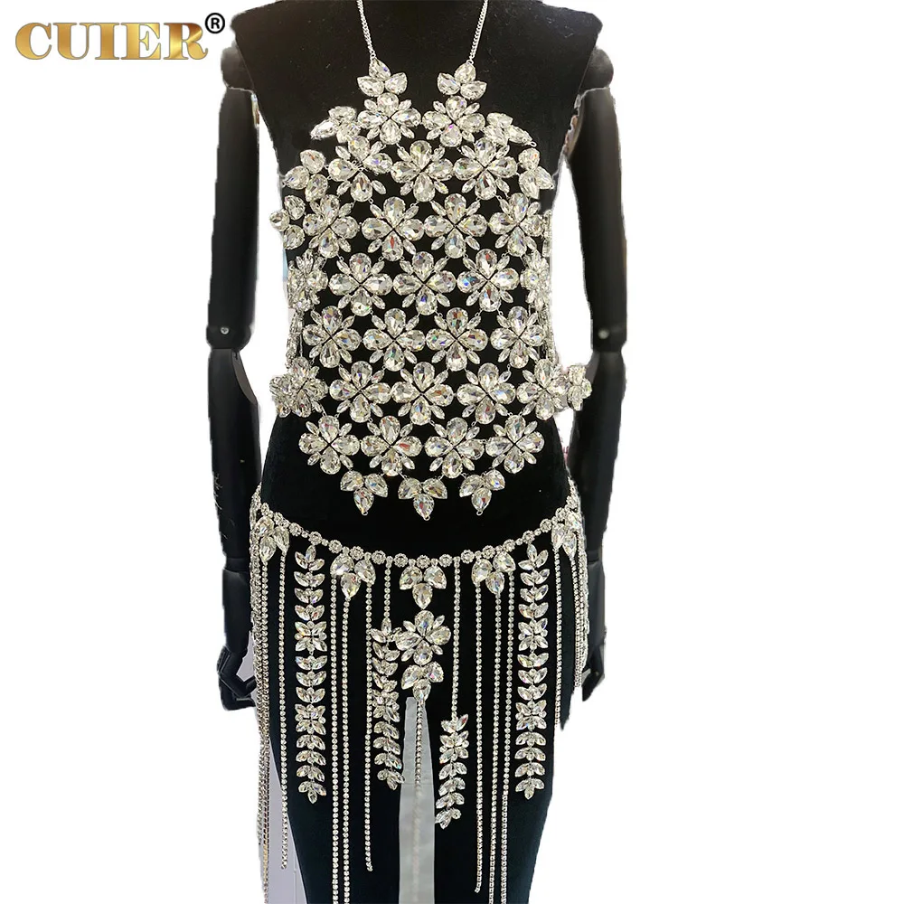 CuiEr Stunning Water Drop Halter Tops Long Tassel Dress Set Glass Strass Sexy Body Jewelry for Women Fashion Rhinestones Skirt