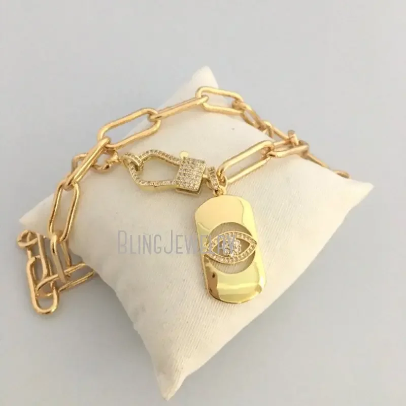 

10pcs Gold Color Carabiner Spring Gate Clasp Micro Pave Evil Eye Pendant Necklace Paperclip Link Chain Jewelry