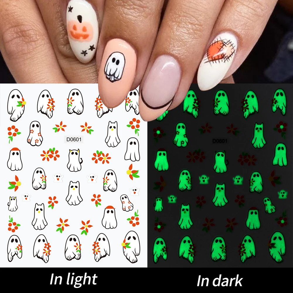 3d adesivos luminosos para nail art, 1 folha, fantasma, crânio, morcego, abóbora, diy, brilho no escuro, decoração de unhas