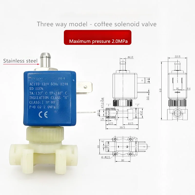 For Coffee Machine Solenoid Valve 120V AC Normally Closed Type Two Way or Three Way for Design 12VA Power 60Hz Frequency