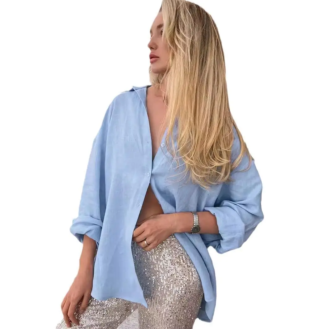 

Sli Cotton Linen Lapel Long Sve irt Women's Commute Sle Mid-Length Pure Color irt 00% Cotton Summer 2024