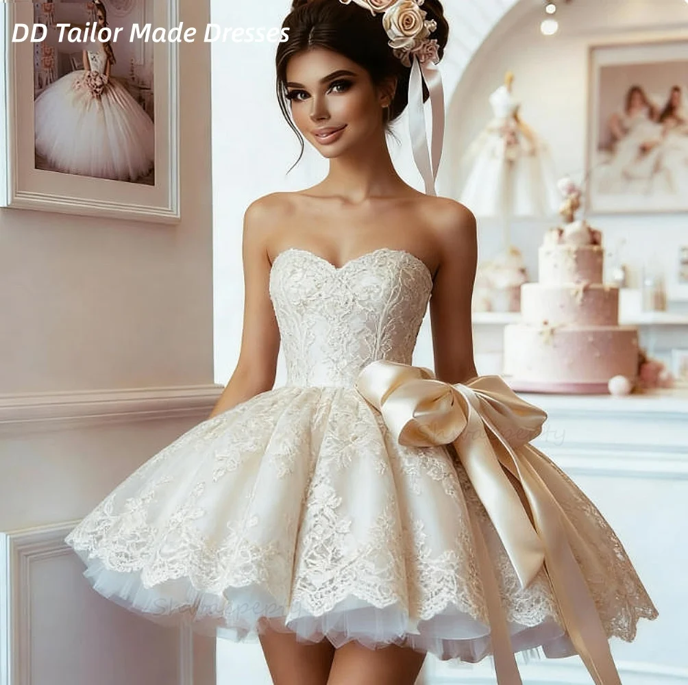 Vestido de baile curto de renda lolita com laço, sem alças, marfim e branco, vestido de festa de casamento, vestido formal de aniversário personalizado