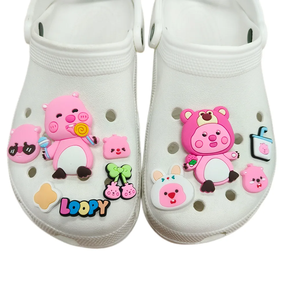 10pcs set cut Pink Cartoon Beaver PVC Shoe Charms Sweet Candy Drink Bow Pattern Detachable Clog Shoe Decor Accessories DIY Gift