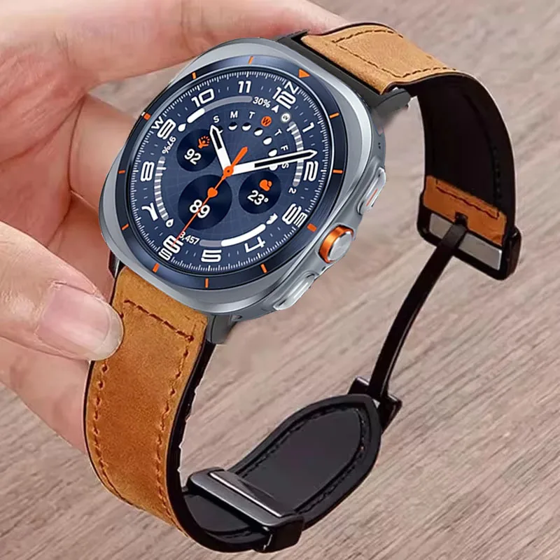 Silikon + Lederarmband für Samsung Galaxy Watch Ultra 2022, magnetisches Armband, Sportarmband für Galaxy Watch 7 Ultra 47 mm