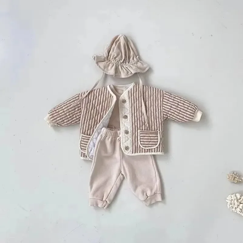Korean Baby Kids Vintage Rhombus Double Layer Jacket Autumn Winter Boys Girls Cotton Padded Parka Children Warm Quilted Coat