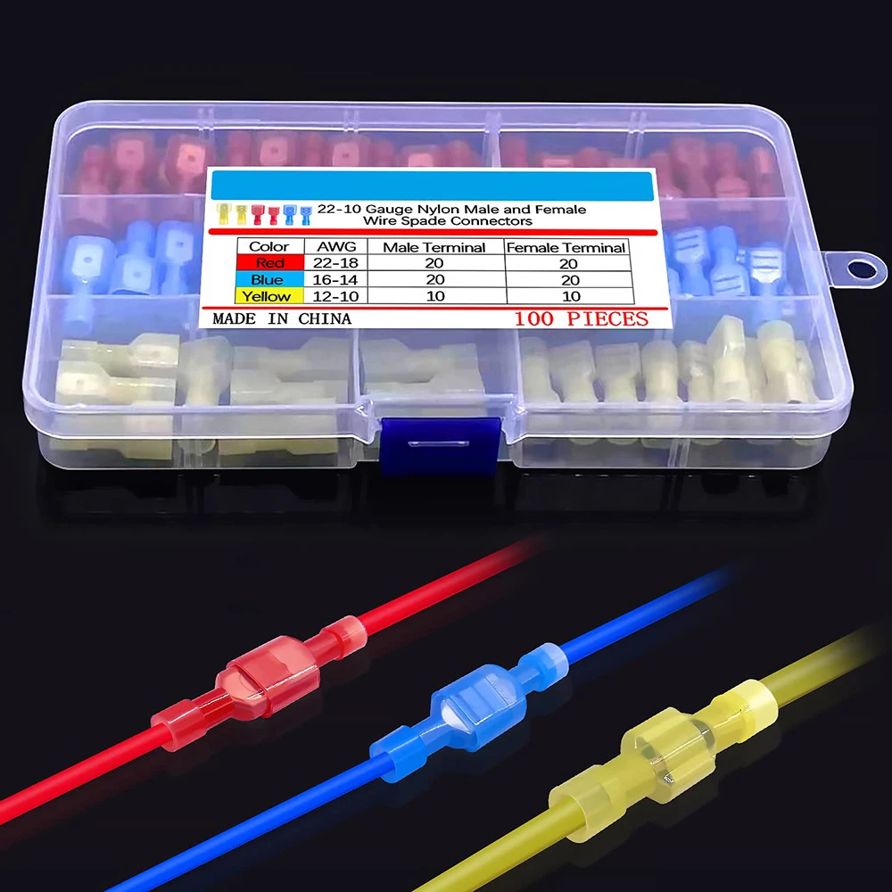 100PCS Nylon Spaten Anschlüsse Kit22-10 Gauge Quick Disconnect Vollständig Isolierte Männliche und Weibliche Draht Spaten Terminal Sortiment Kit – Detail 3