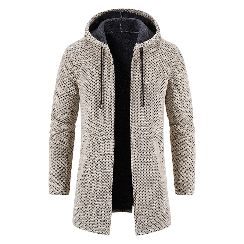 Men's Winter Trench Coat Long Knit Sweater Jacket Fleece Warm Hoodies Beige Business Casual Cardigan Zipper Jumper Overcoat