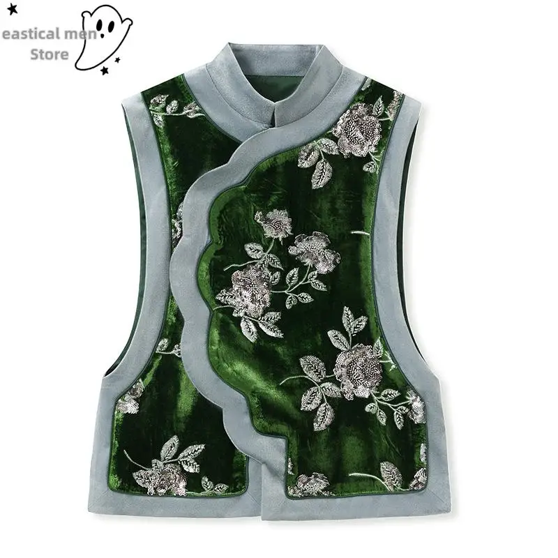 Green Sleeveless Qiao Top Women Luxury Velour Embroider Glitter Flower Chesongam Costume Vintage Tang Clothes Vest Tops Hanfu