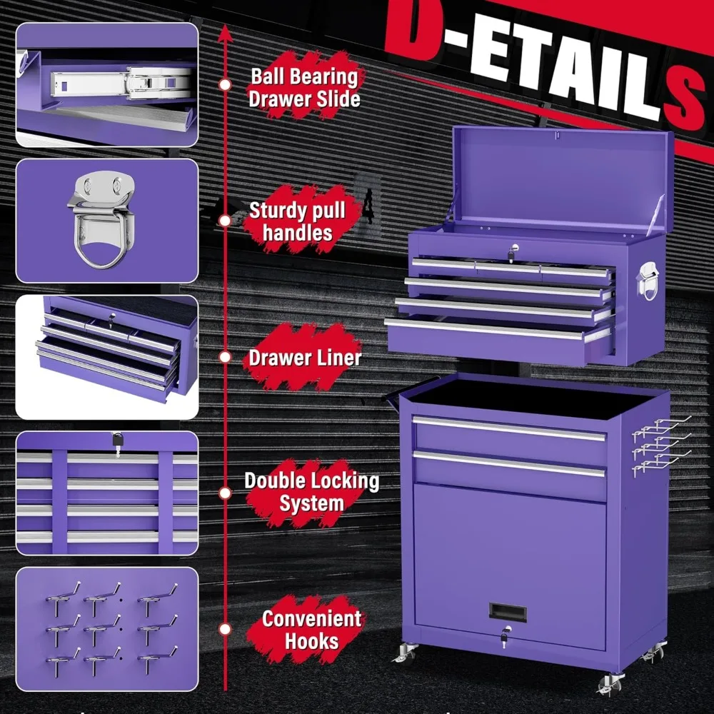 Cassapanca per attrezzi in metallo, cassapanca per attrezzi con ruote a 8 cassetti, armadietto per attrezzi con ruote, armadietto per attrezzi staccabile 2 in 1, rivestimenti e loc