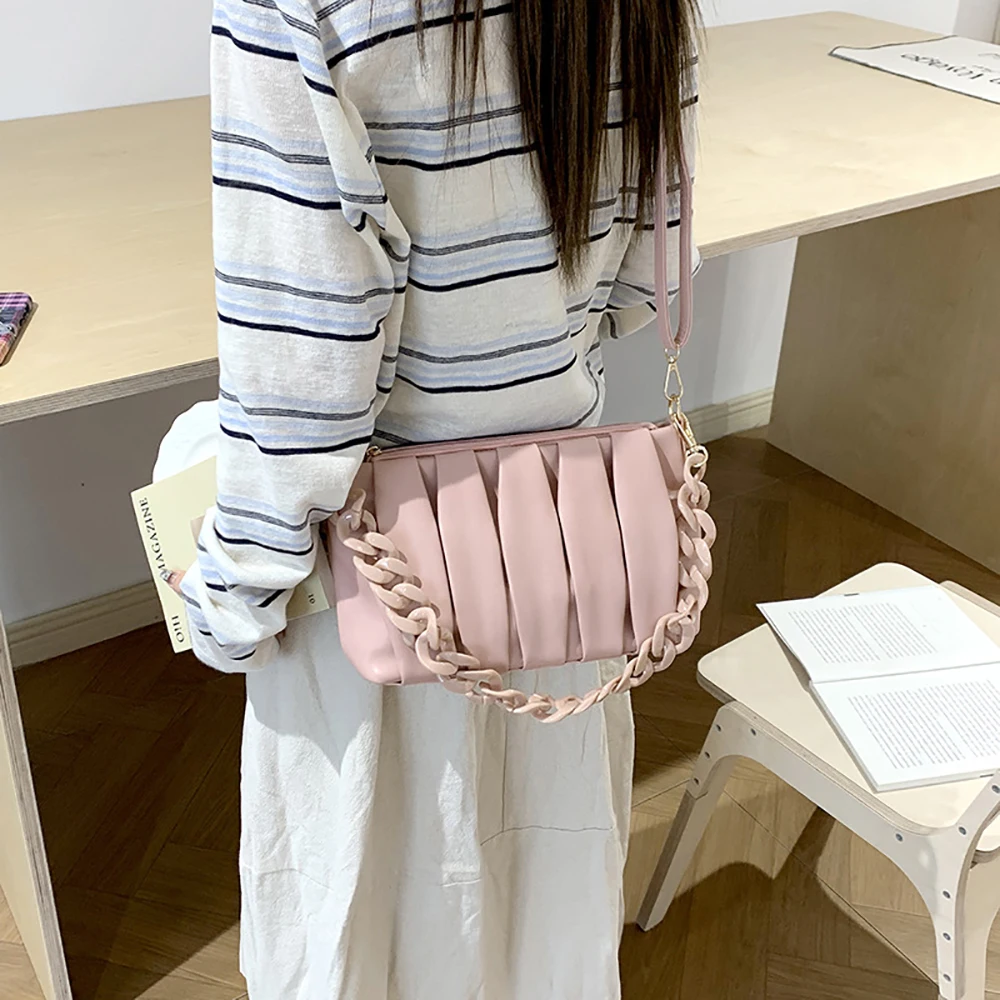 High Grade Pleated Chain Shoulder Bag Women's Solid Color PU Zipper Versatile Crossbody Bags Commute All-Match Underarm Bags