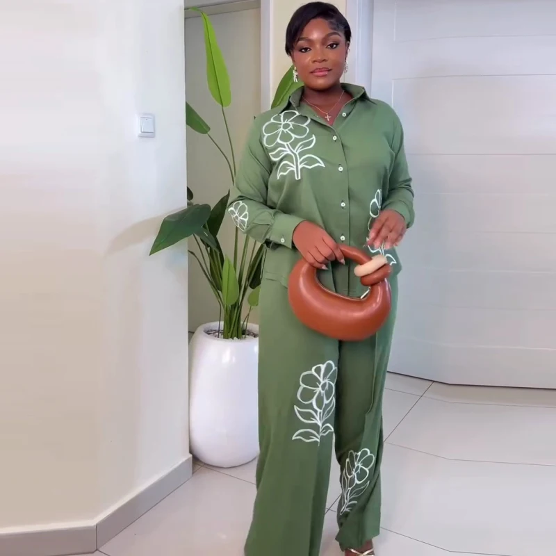 Elegant African Fashion Women Pants Set Flower Embroidery Loose Shirt and Wide Leg Pants Set