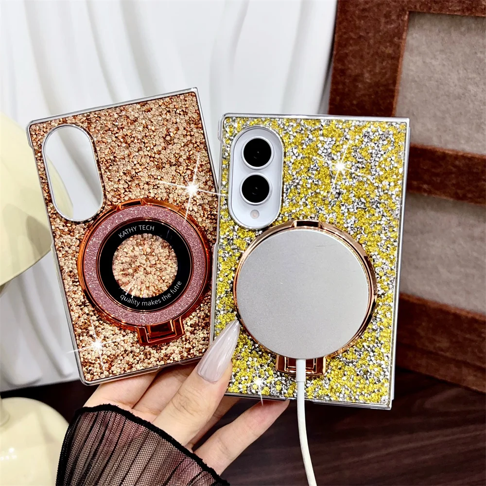Luxury Chic Shiny Glitter Magnetic Bracket Phone Case for Samsung Galaxy Z Fold 8 Ultra 7-3 Electroplated Frame Protective Cover