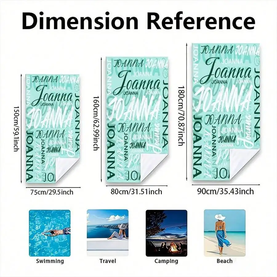 Personalized Joanna Typography Beach Towel, Modern Artistic Collage Design With Teal Mint Green And White Fonts, Ultra-Soft Quick-Drying Absorbent Sand-Proof Microfiber For Swimming Pool Camping Trave view 5