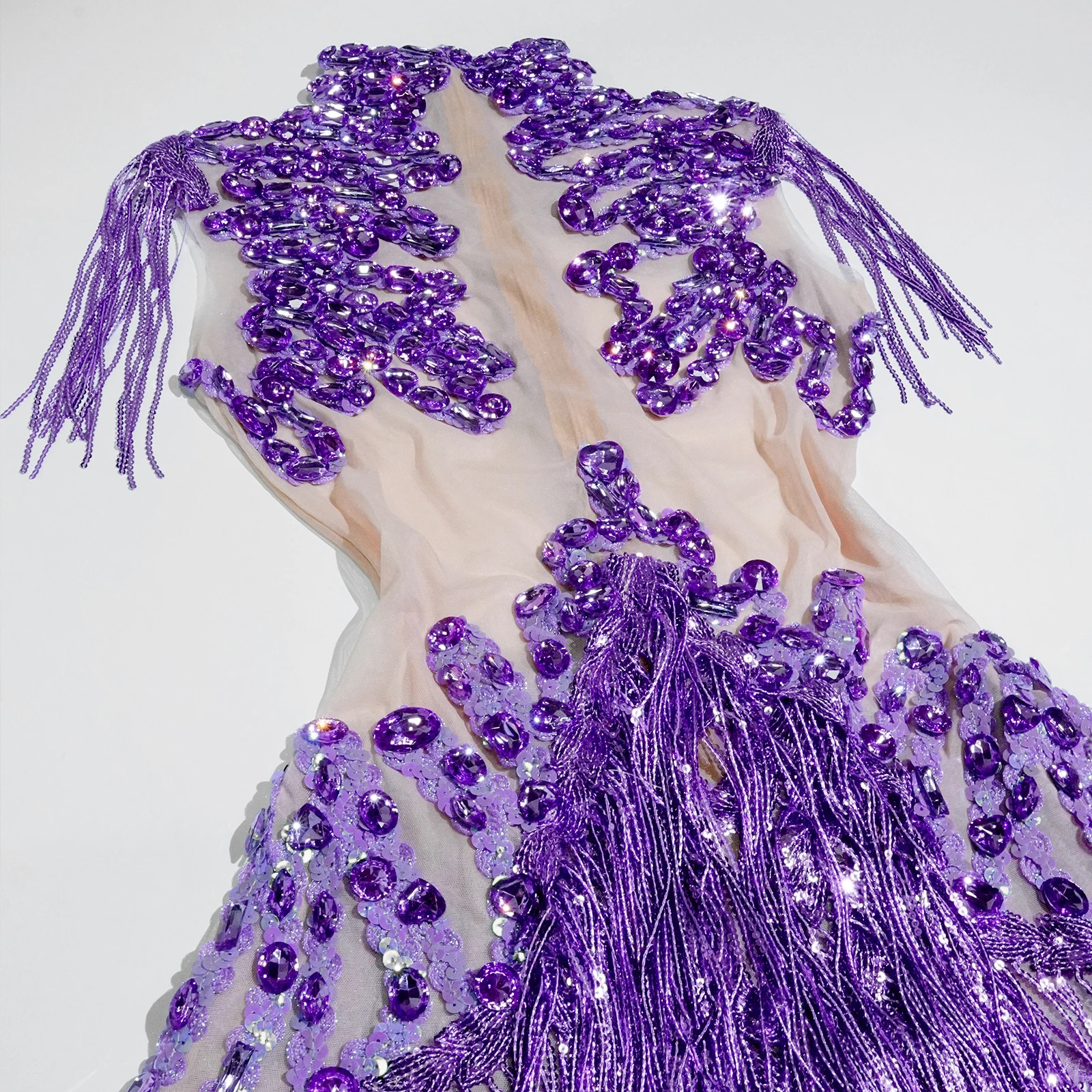 Sparkle Purple Rhinestones Mesh Tassels Leotard Drag Queen Bodysuit Stage Singer Performance Femme Sexy Gogo Costume NightClub