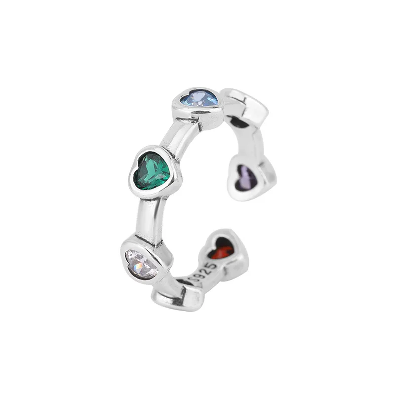 100% Solid 925 Sterling Silver Heart Rings For Women Green Red Stone Simple Trendy Retro Anillos Party Gifts Accessories