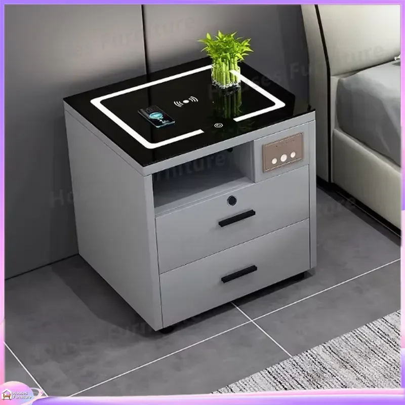 Smart Bedside Table with Wireless Charger USB Socket LED Light Fingerprint Lock Nightstand Modern Bedroom Furniture Storage