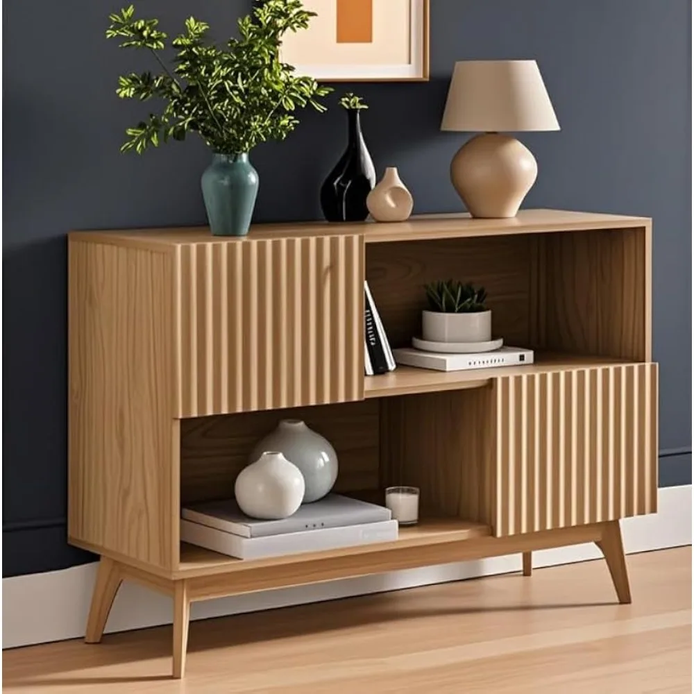 

Fluted Buffet Sideboard Oak, Modern Storage Cabinet with Storage, Accent Cabinet with Solid Wood Legs, Console Table with Doors