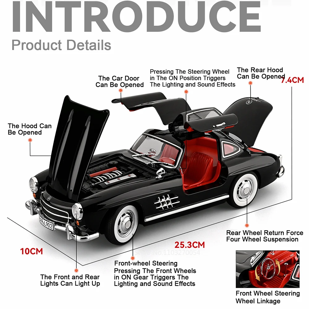 Large Size 1:18 300SL 500K Vintage Car Toys Diecast Alloy Model Sound Light Pull Back Front Wheel Steering Cars Collect Ornament