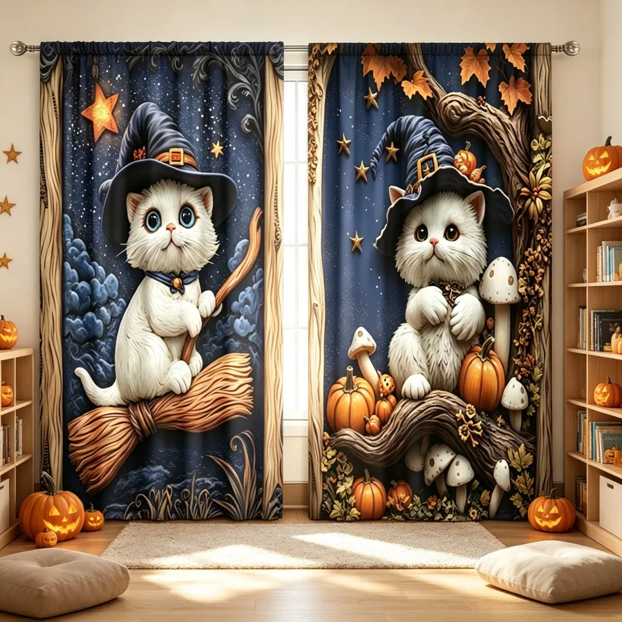 2PCS Digital Print Curtain, White Cat Witch Hat Broomstick Pumpkin Night, Magical Halloween, for Kids Bedroom Living Room Decor