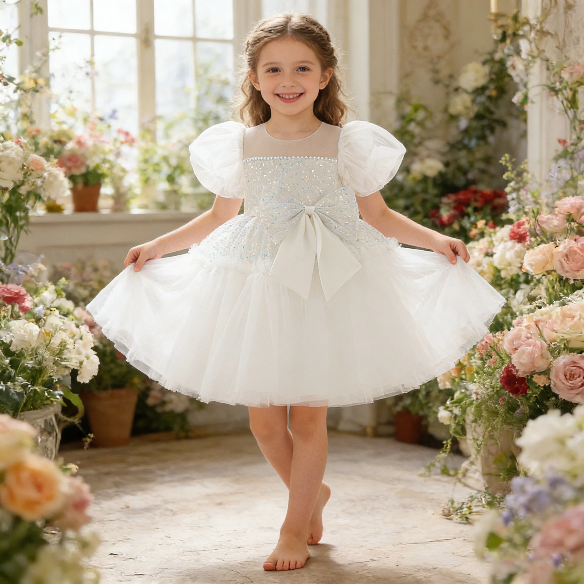 Sommer Pailletten Taufkleid für Mädchen Elegantes Hochzeits-Brautjungfernkleid Prinzessinnen-Ballkleid Mädchen Gala Tüll Geburtstag Kinderkleidung