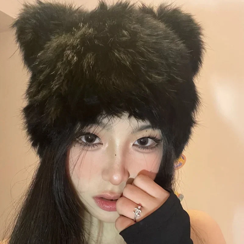 Black Bear Ears Rabbit Hair Beanies Cap Y2K Autumn and Winter Fashion Versatile Cute Plush Pullover Hats for Women and Men