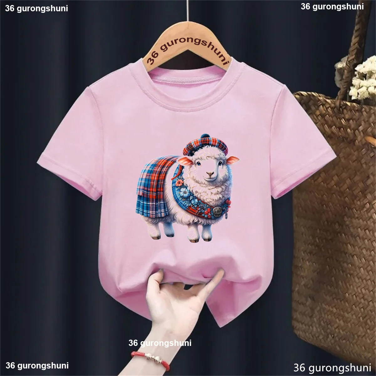 Kaus anak lucu Kawaii Skotlandia kaus gambar hewan domba Kaos Oblong mode musim panas untuk anak perempuan/Anak laki-laki putih/merah muda/biru