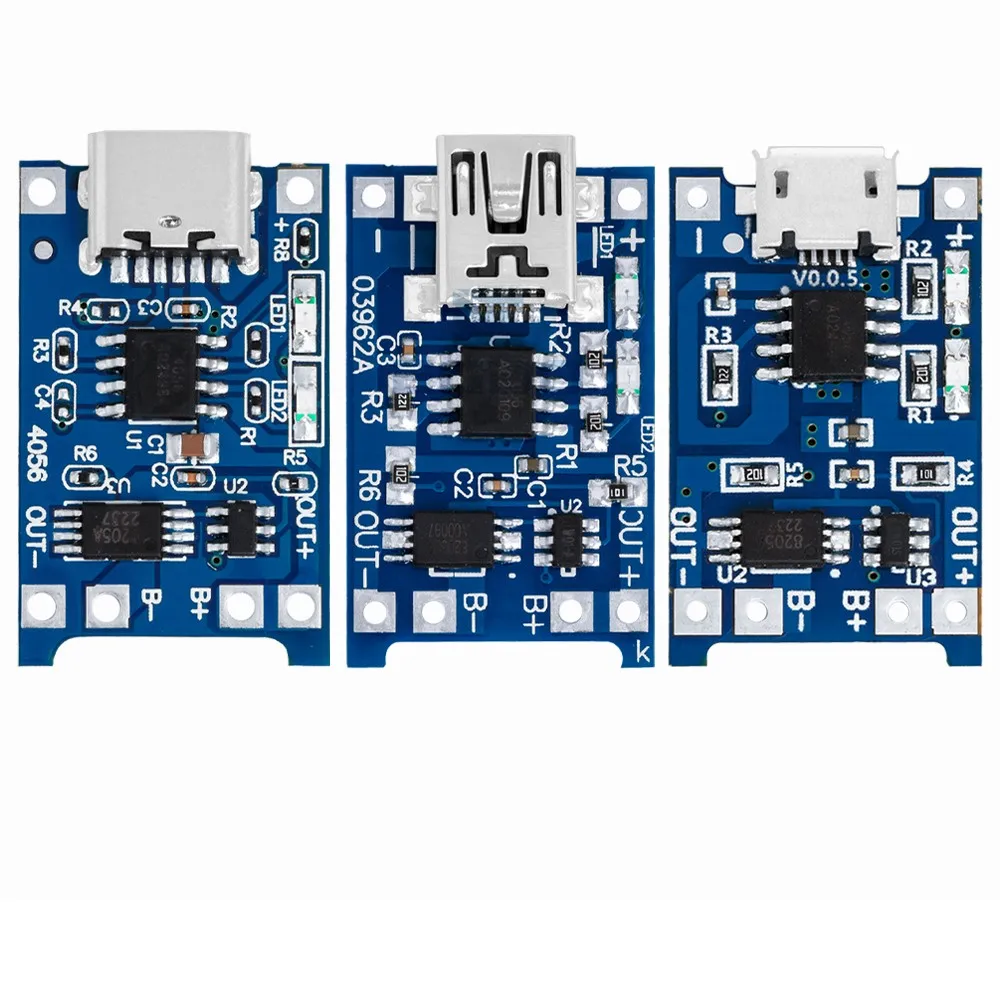 10PCS Micro Type-C MINI USB  Lithium Battery Charging Board, Charger Module, Protection, Dual Functions, TP4056, 18650, 5V, 1A