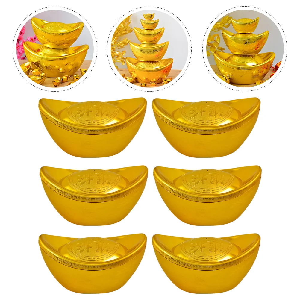 12 Pcs Feng Shui Decor Ingot Ornament New Year Desktop Golden Plastic Plaything Office