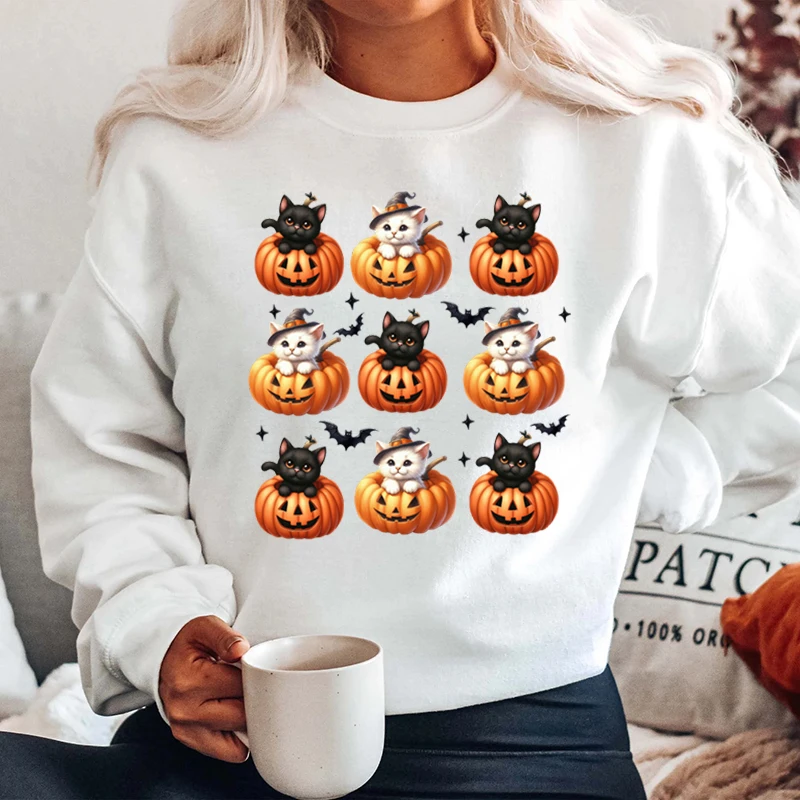 

Cute Halloween Pumpkin Cat Print Sweatshirts Autumn And Winter Long Sleeve Round Neck Casual Pullovers Women Hoodless Sweatshirt