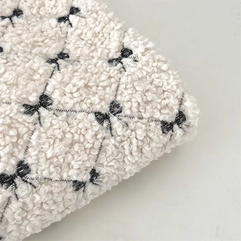 

Cute Lamb Fur Bow Embroidery Plush Fabric for Winter Pillows Blankets Bags DIY Cozy Craft Textile Custom Home Decor Material