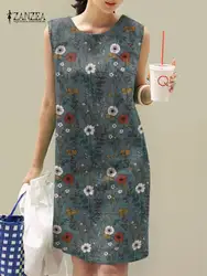 ZANZEA 2024 Summer Floral Dress Bohemian Printed Sundress Women Vintage O Neck Sleeveless Vestido Causal Robe Work Sarafans