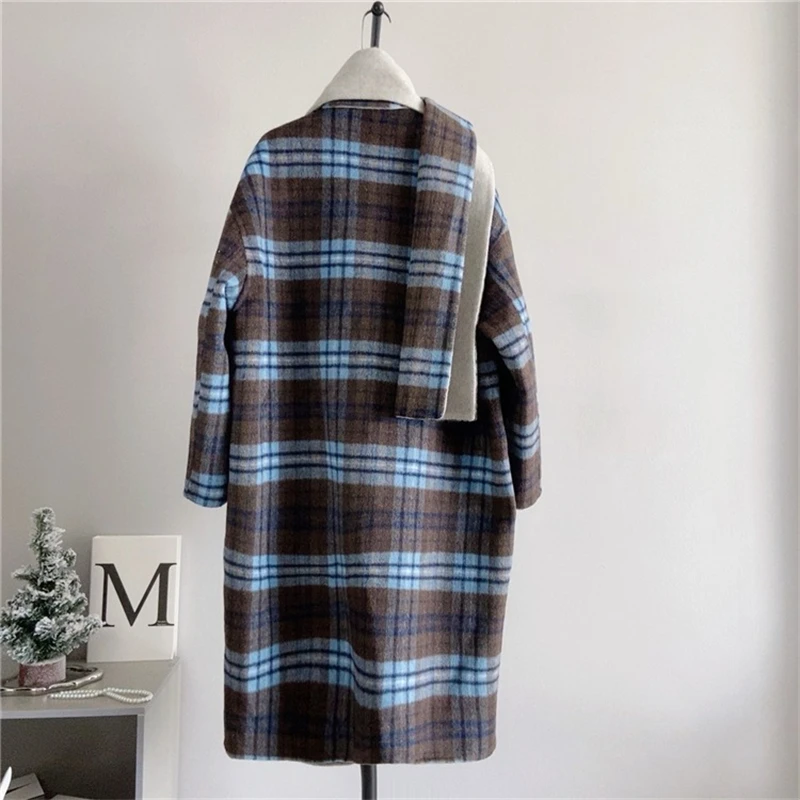 Double-sided Tweed Scarf Long Multi Wear Jacket Female Wool Tweed Light Blue Gray Plaid Coat Parka PT4121