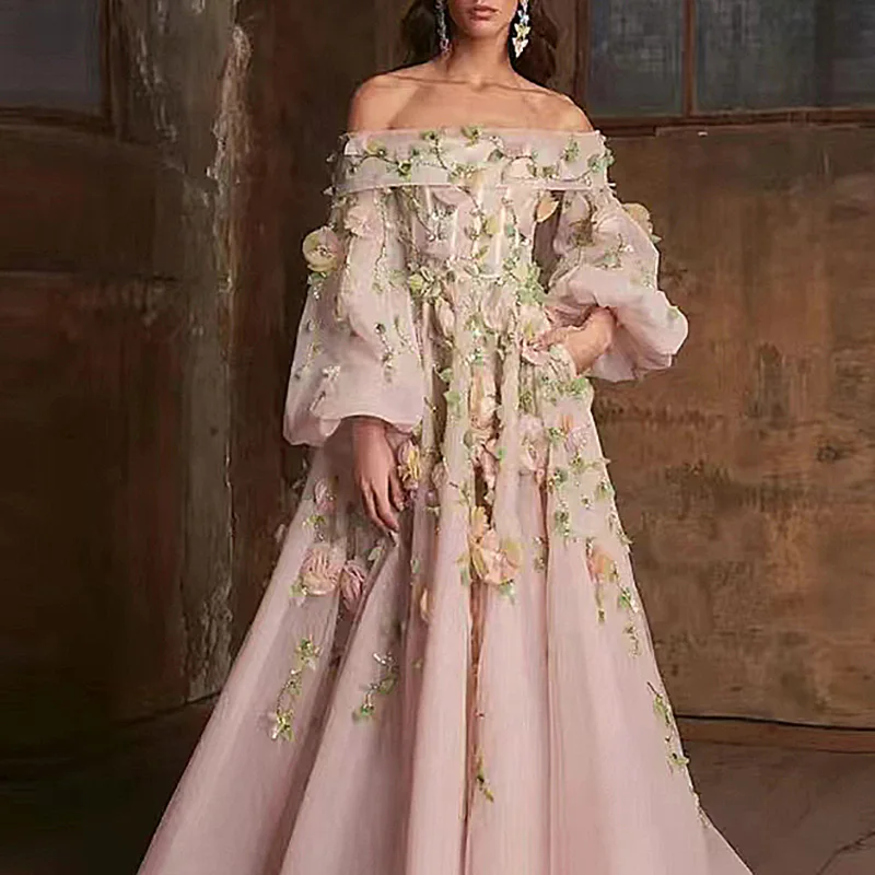 3D Flowers Beads Prom Dresses for Women Long Sleeve Floor-Length A-Line Special Events Wedding Gala Evening Graduation Gown 2023