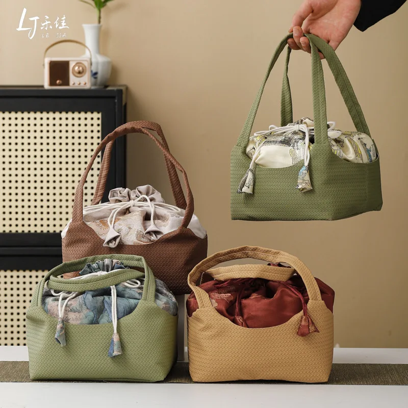 Drawstring Bag Cotton And Linen Handbag Portable Storage Bag Large Capacity For Travel Splicing Color Tea Cup Organizer