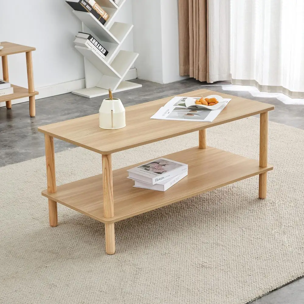 

Modern 2-Tier Coffee Table Rectangular Center Table with Open Shelf Walnut Natural Wood Rubberwood Legs Easy Assembly