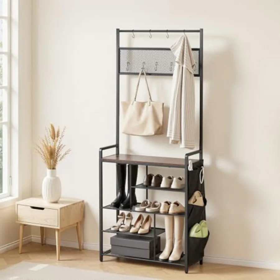 

Hall Tree 70.9 in Coat Rack with Shoe Storage Freestanding 4-Tier Shoe Rack Organizer with Hooks Side Pocket and Wire Shelf Ste