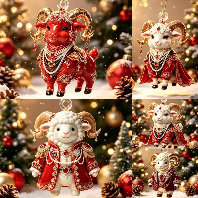Acrylic Chinese Zodiac Goat Christmas Tree Hanging Ornament Auspicious Red Gold Design For New Year Home Decoration