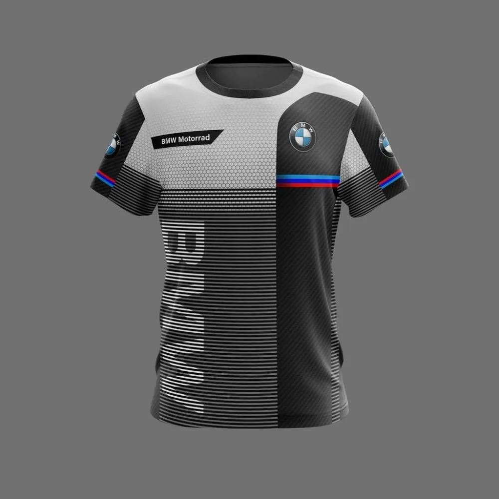 Modne, wygodne, oddychające koszulki sportowe do jazdy motocyklem na świeżym powietrzu Nowe koszulki z krótkim rękawem i okrągłym dekoltem z logo BMW z nadrukiem 3D