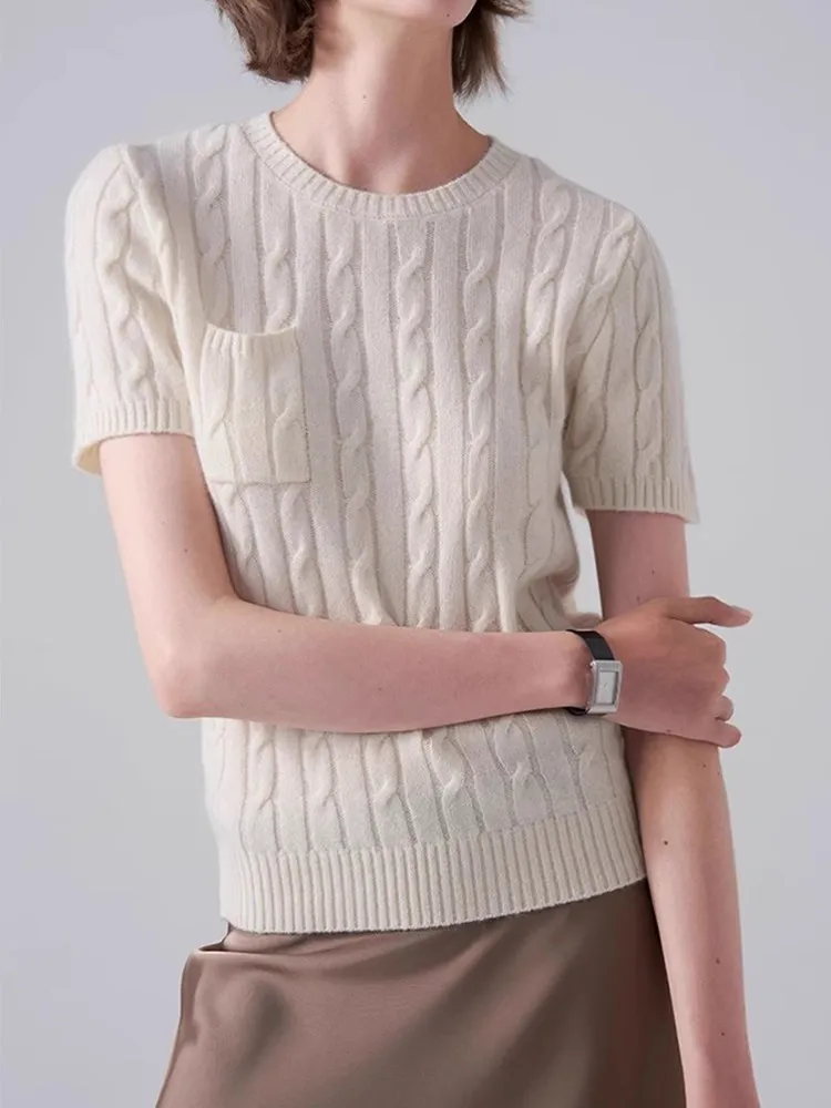 

French early spring retro twist pocket short sleeve cashmere sweater bottoming women's age-reducing sweater top