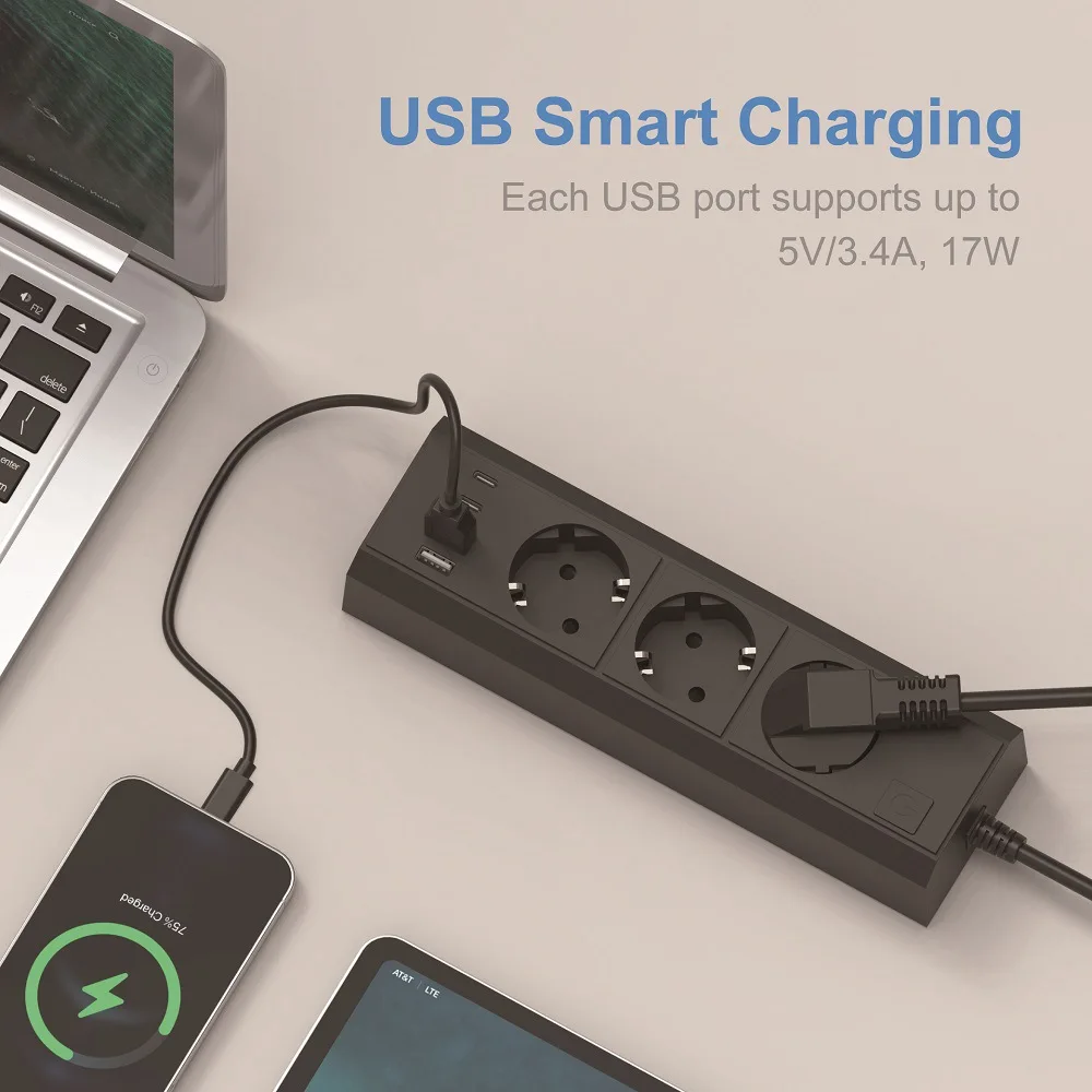 7 In 1 2500W EU Plug Power Strip with 1.5M Extension Cord 17W Fast Charging Socket 4 USB Ports Built-in Surge Protection 