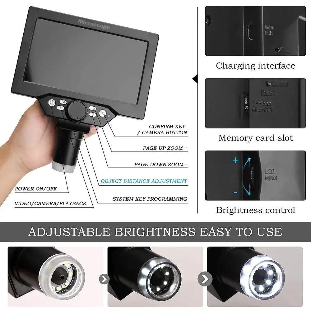 

1200X Digital Microscope 12MP Electronic Video Microscopes 7 Inch HD LCD Soldering Phone Repair Magnifier Metal Stand PC View